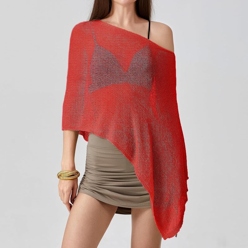 Argeousgor Women Sheer Poncho Top Lightweight Knit Crochet Shrug Bolero Mesh Batwing Sleeve Sweater Cover Up Beachwear - Image 2